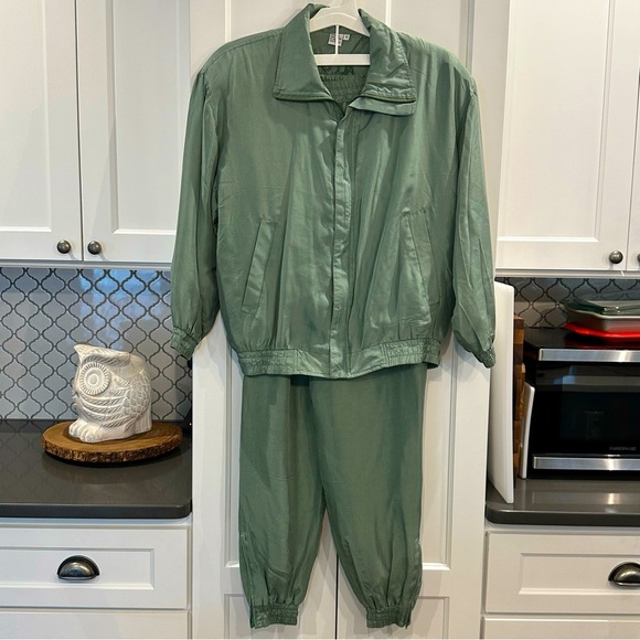 Fuda Silk Track Suit Set Size S Green Vintage 80s 90s Windbreaker Shoulder Pads - Picture 1 of 15